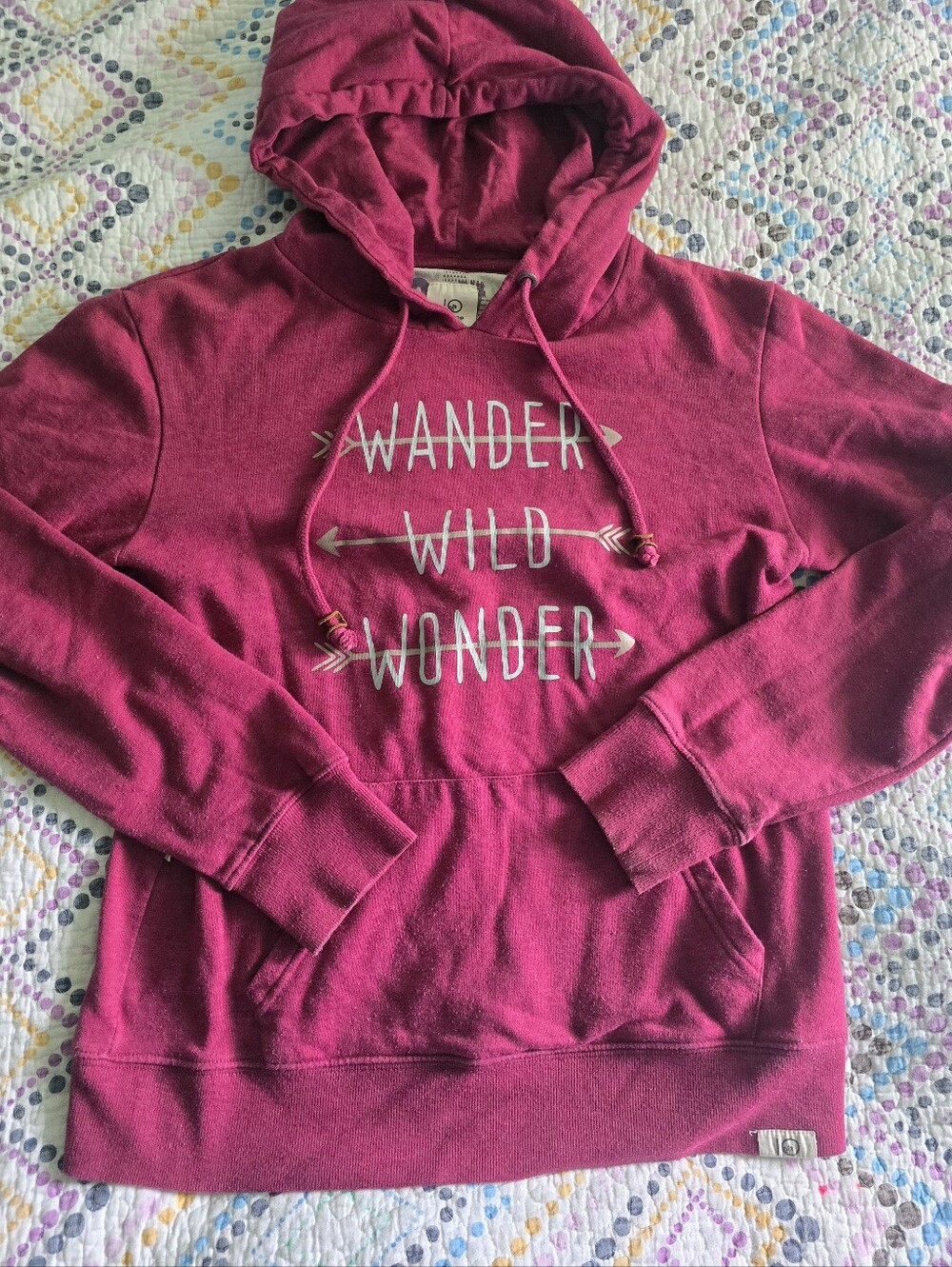 Women's Tentree hoodie featuring a "Wander, Wild, Wonder" chest graphic.